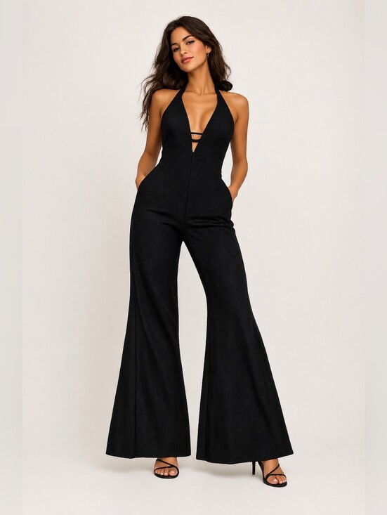 Source Unknown Pants - Source Unknown Black Halter-Neck Wide-Leg Jumpsuit